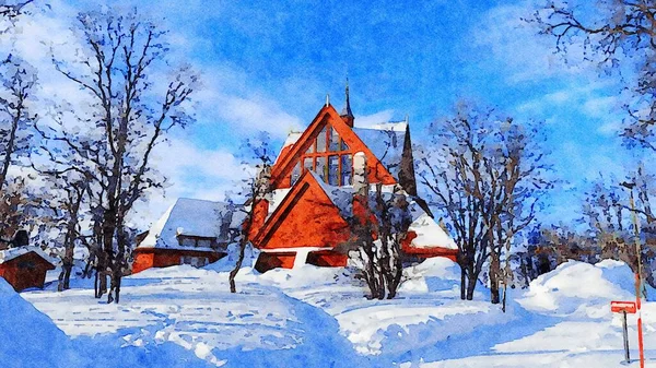 北欧の豪雪後の教会のデジタル水彩画 — ストック写真