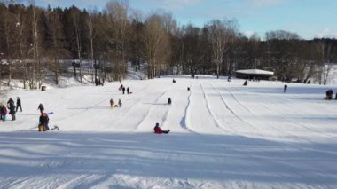 Her yaştan insan İskandinavya 'da güneşli bir sabahta kızakla kaymaktan hoşlanır.