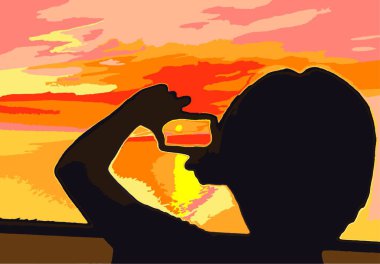 Parmaklarının arasında denizin üzerinde batan güneşi çerçeveleyen bir çocuğun silueti. Dijital renk boyası.