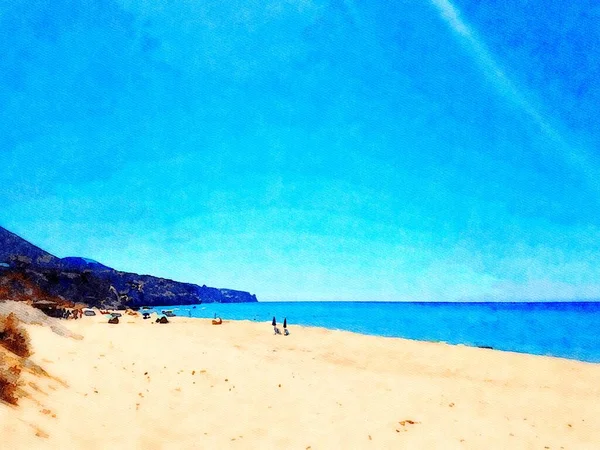晴れた夏の日にはほとんど空のビーチを垣間見ることができます デジタル水彩画 — ストック写真