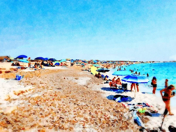 Взгляд Пляж Полный Людей Солнечный Летний День Цифровая Акварель — стоковое фото