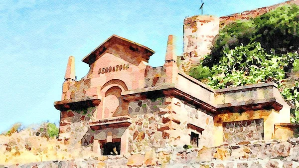 Glimpse Bosa Aqueduct Sardinia Italy Digital Color Painting — Stock Photo, Image