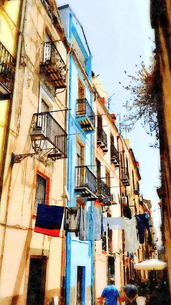 Glimpse Traditional Colorful Buildings Small Town Sea Sardinia Digital Watercolor — Stock Photo, Image