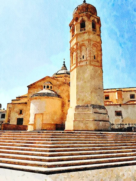 Une Des Églises Historiques Île Sardaigne Italie Aquarelle Numérique Peinture — Photo