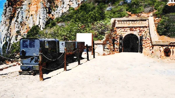 The entrance to an old mine in Sardinia in Italy. Digital painting.