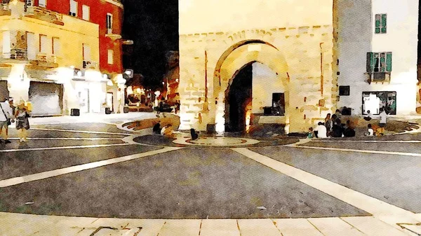 Nocturnal Glimpse Square Town Sardinia Italy Digital Color Painting — Stock Photo, Image