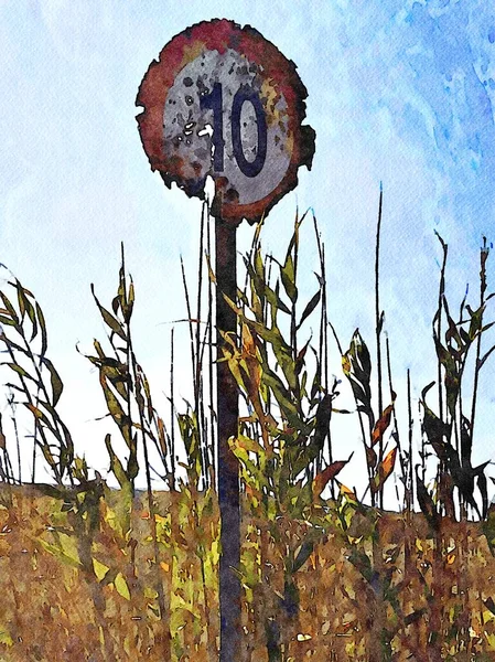 速度制限古い 錆びたと穴だらけを示す道路標識 イタリアの古い田舎道で デジタル水彩画 — ストック写真