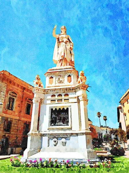 Statue One Squares Oristano Town Sardinia Italy Digital Color Painting — Stock Photo, Image