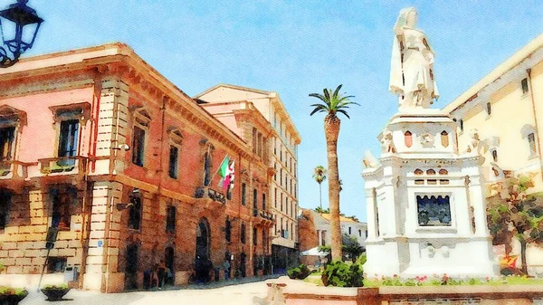 Statue One Squares Oristano Town Sardinia Italy Digital Color Painting — Stock Photo, Image