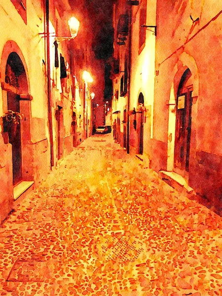 Vislumbre Noturno Uma Rua Centro Histórico Bosa Sardenha Itália Pintura — Fotografia de Stock