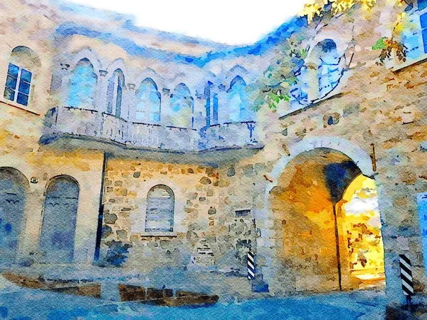 Edifício Histórico Uma Pequena Cidade Sardenha Itália Pintura Cor Digital — Fotografia de Stock