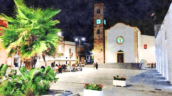 Die Antike Kirche Einer Kleinen Stadt Auf Sardinien Einem Abend — Stockfoto