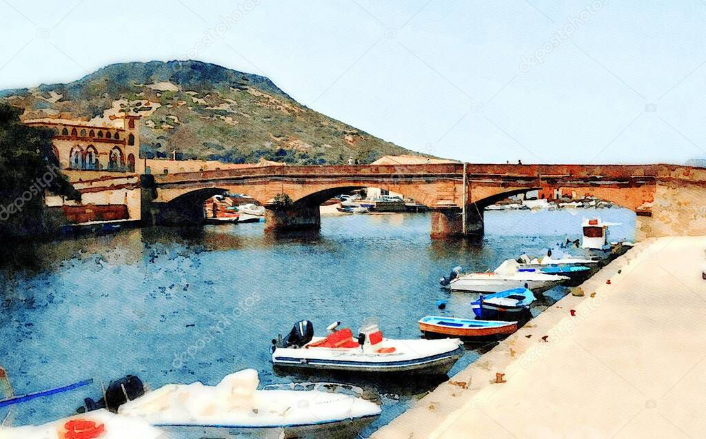 A glimpse of the bridge over the river in Bosa in Sardinia, Italy. Digital color painting.