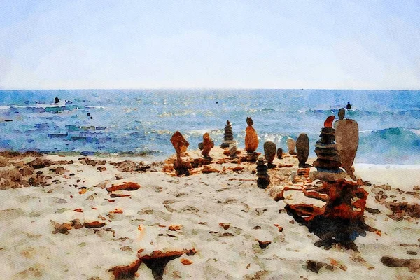 Pequenos Totem Feitos Pedras Praia Dia Quente Verão Pintura Aquarela — Fotografia de Stock