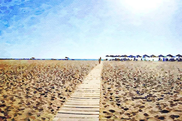 一个木制平台穿过一个大海滩 来到海边的遮阳伞前 数码水彩画 — 图库照片