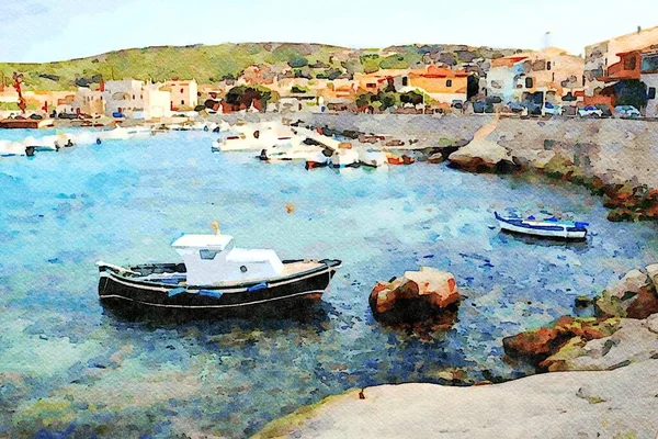 Łodzie Rybackie Zacumowały Małej Zatoce Wiosce Sardynii Cyfrowe Malowanie Akwareli — Zdjęcie stockowe