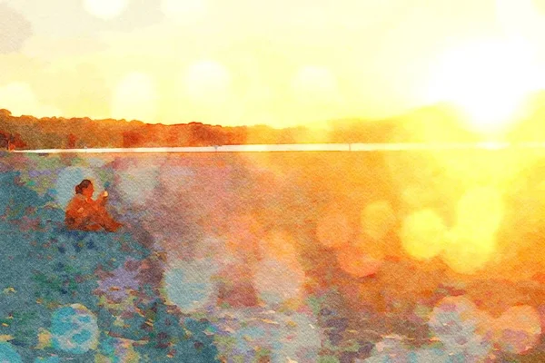 Kvinna Sitter Stranden Och Fotograferar Solnedgången Varm Sommardag Digital Akvarellmålning Stockbild