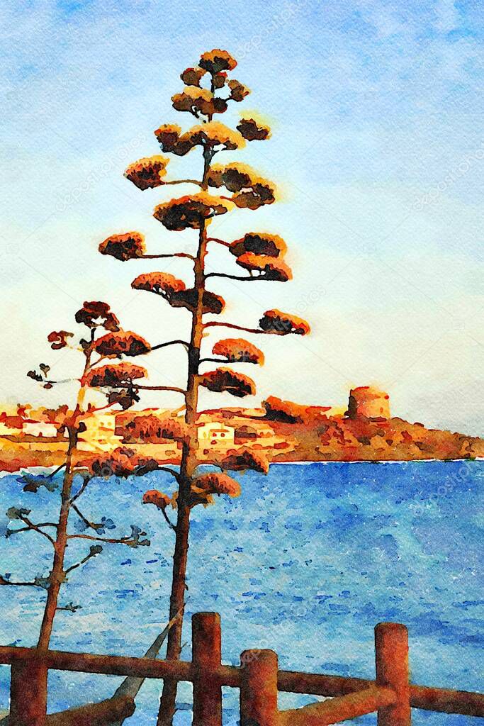 A blooming agave stands out on the seafront in Sardinia. In the background a piece of coast with a medieval tower. Digital watercolors painting.