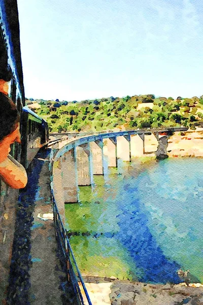 イタリアのサルデーニャ島の湖の上に長い橋を渡っている古い列車から2人の人々が見えます デジタル水彩画 — ストック写真