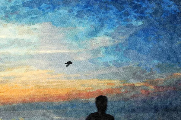 The silhouette of a person and a flying bird during sunset. Digital watercolors painting.