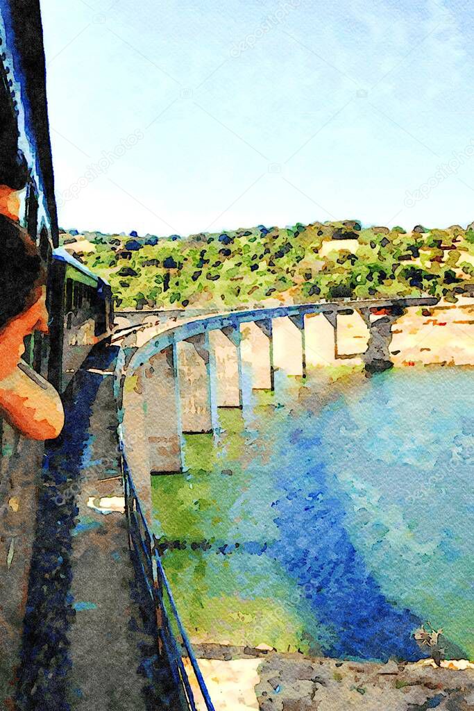 Two people look out from an old train that is crossing a long bridge over a lake in Sardinia in Italy. Digital watercolors painting.