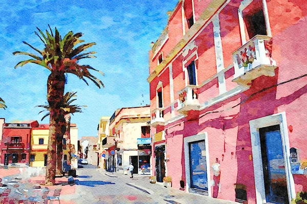 A glimpse of a square with a large palm tree in a small town in Sardinia in Italy. Digital watercolors painting.