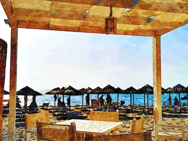 バーのテーブルから見える人々やビーチの傘のシルエット デジタル水彩画 — ストック写真