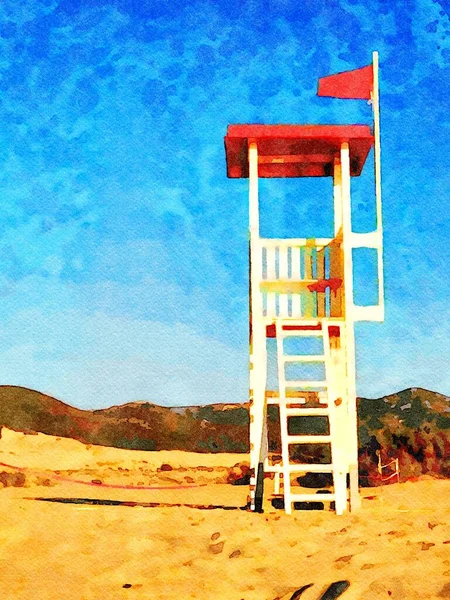 Torre Vigia Salva Vidas Com Bandeira Vermelha Numa Praia Pintura — Fotografia de Stock