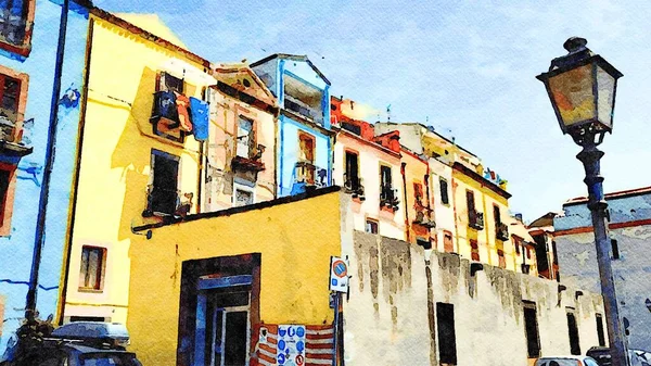 Glimpse Traditional Colorful Buildings Small Town Sea Sardinia Digital Watercolor — Stock Photo, Image