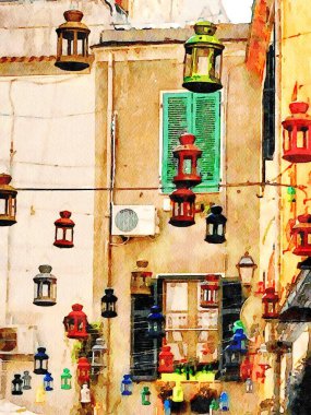 Yaz boyunca İtalya 'nın Sardinya kentindeki küçük bir kasabada renkli fenerler asılı durur. Dijital suluboya resim.