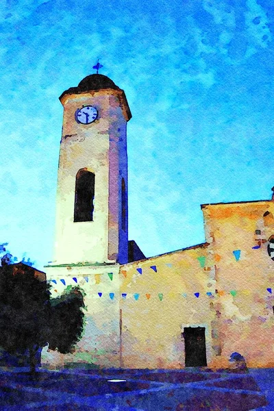 Una Las Iglesias Históricas Isla Cerdeña Italia Acuarela Digital Pintura — Foto de Stock