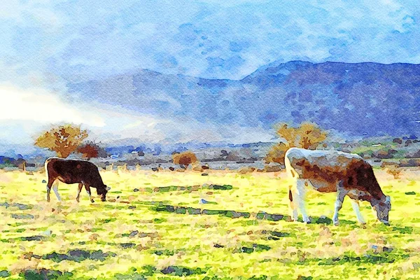 İki inek dağın eteğindeki bir çayırda huzur içinde otluyor. Dijital suluboya resim.