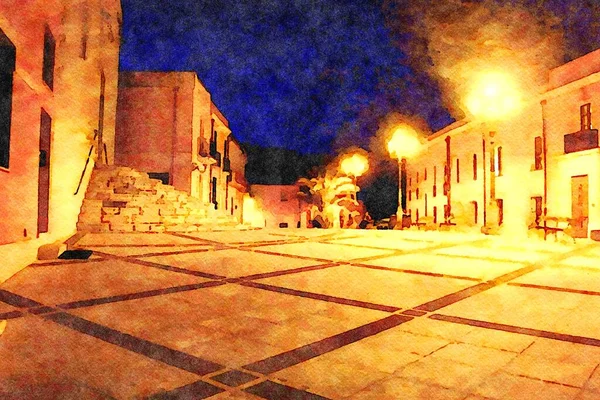 Nachtelijke Glimp Van Een Plein Een Klein Stadje Sardinië Italië — Stockfoto