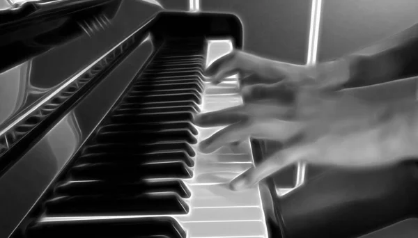 Black and white of the hands of a musician playing the piano. Digital painting