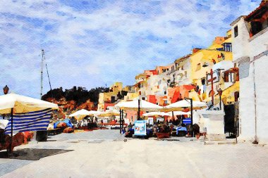 İtalya 'nın Procida adasındaki balıkçı köyünün geleneksel binalarına bir göz atalım. Dijital suluboya resim.
