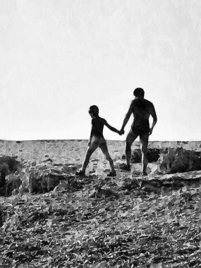 Bir baba ve küçük oğlu kumsalda el ele yürüyorlar. Dijital siyah beyaz suluboya resim.
