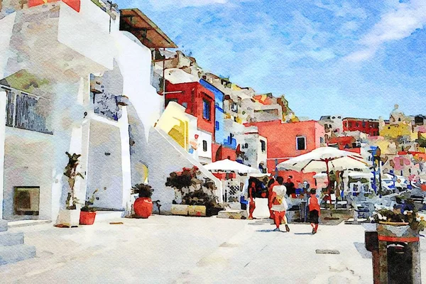İtalya 'nın Procida adasındaki balıkçı köyünün geleneksel binalarına bir göz atalım. Dijital suluboya resim.