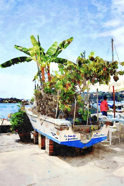 イタリアのプロティダ島の漁村にあるヤシの木や他の植物が入った木製のボート デジタル水彩画 — ストック写真