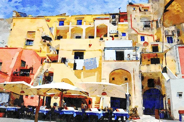 İtalya 'nın Procida adasındaki balıkçı köyünün geleneksel binalarına bir göz atalım. Dijital suluboya resim.