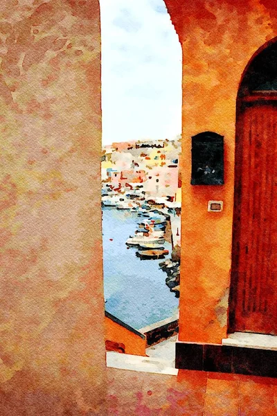 Glimpse Bay Fishing Village Island Procida Italy Digital Watercolors Painting — Stock Photo, Image