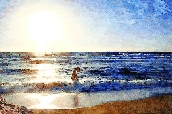 A little boy happily plays in the waves of the sea at sunset. Digital watercolors painting.