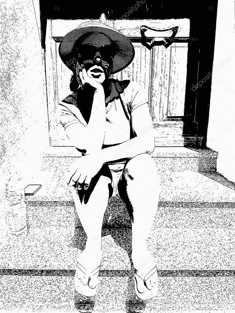 Black and white drawing of a young woman with hat, sunglasses and flip flops sitting on the steps of a door. Digital drawing.