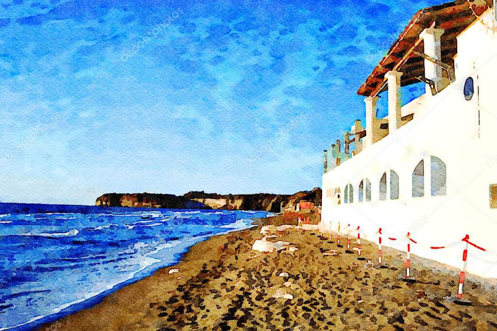 A glimpse of one of the beaches on the island of Procida in Italy. Digital watercolors painting.