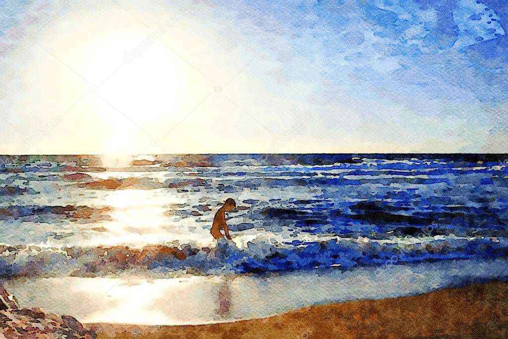 A little boy happily plays in the waves of the sea at sunset. Digital watercolors painting.