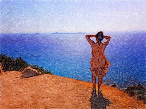 A young woman admires the sea view from a hill in Sardinia Italy. Digital pastel painting Royaltyfria Stockbilder