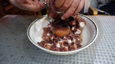 Taze haşlanmış ahtapotu salataya hazırlamak için metal makasla kesiyorum..