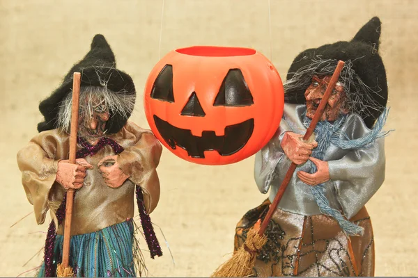 Halloween Creepy Ugly Witches and Jack Lantern Pumpkin — Stock Photo, Image