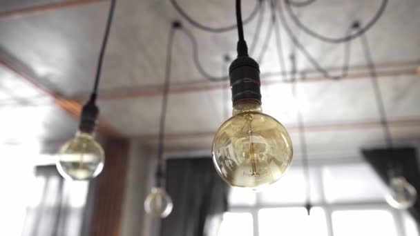Декоративные антикварные лампочки Эдисон с прямыми проводами. Большие старинные лампы накаливания висят на современной кухне. Неэффективные лампочки накаливания тратят электричество. Размеры, теплый белый, E27 — стоковое видео