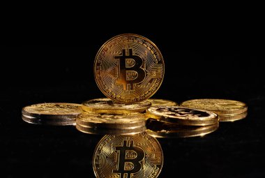 Bitcoin logolu yakın plan altın sikke. Şifreli para birimi Bitcoin BTC 'nin lideri siyah ayna yüzeyine karşı bozuk paraların tepesinde. Merkezi olmayan bir yığın dijital para birimi. Şifreli ödeme. Elektronik para.