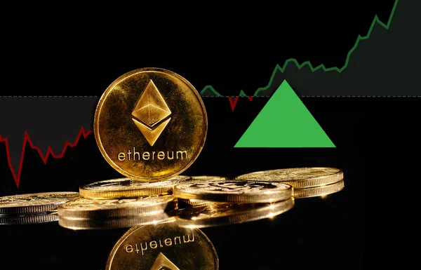 Golden coins with Ether logo rise in bull market. New cryptocurrency Ethereum ETH 2.0 go up in trading. Price of decentralized digital currency is growing up. Electronic money on black background